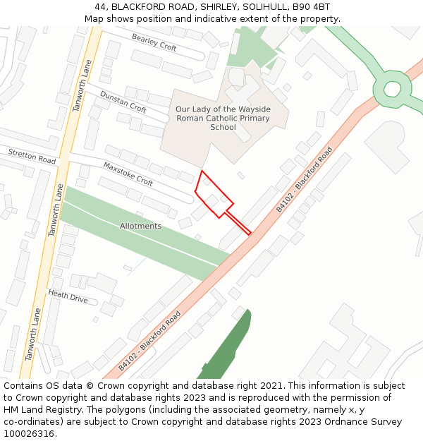 44, BLACKFORD ROAD, SHIRLEY, SOLIHULL, B90 4BT: Location map and indicative extent of plot