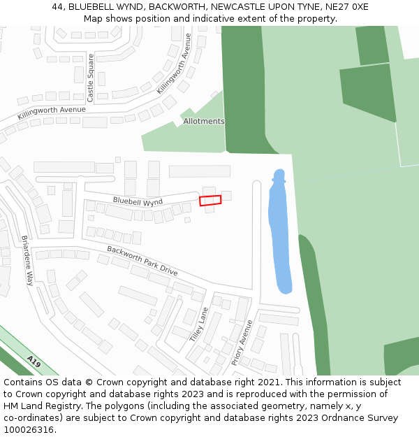 44, BLUEBELL WYND, BACKWORTH, NEWCASTLE UPON TYNE, NE27 0XE: Location map and indicative extent of plot