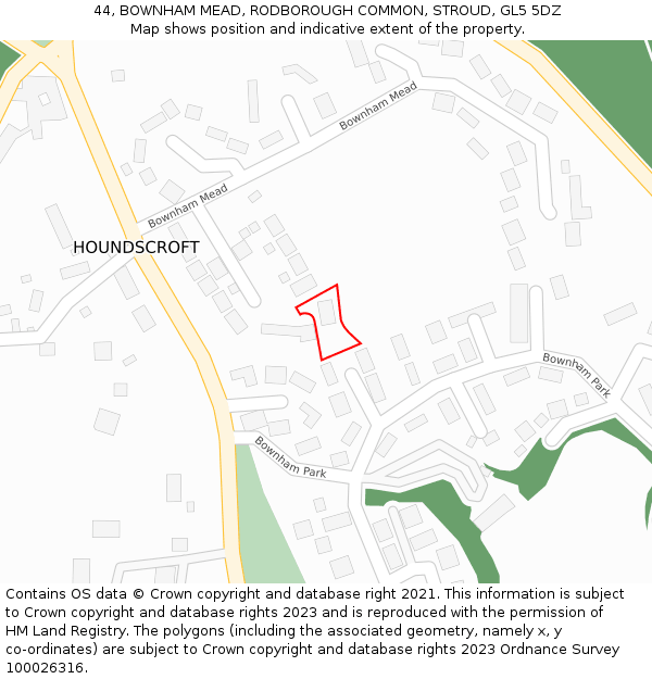 44, BOWNHAM MEAD, RODBOROUGH COMMON, STROUD, GL5 5DZ: Location map and indicative extent of plot