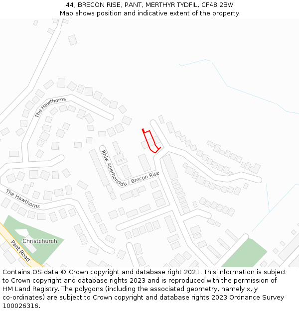 44, BRECON RISE, PANT, MERTHYR TYDFIL, CF48 2BW: Location map and indicative extent of plot