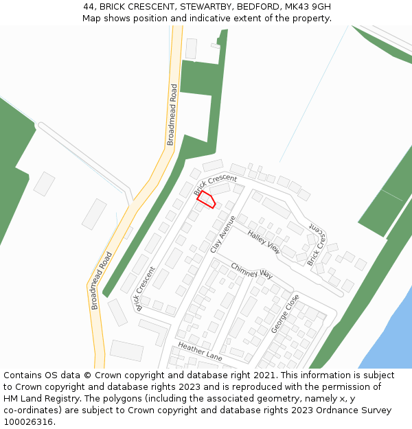 44, BRICK CRESCENT, STEWARTBY, BEDFORD, MK43 9GH: Location map and indicative extent of plot