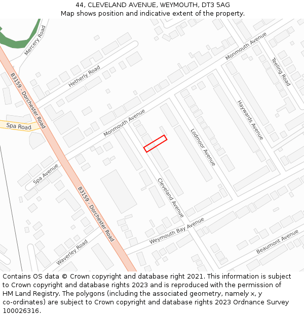 44, CLEVELAND AVENUE, WEYMOUTH, DT3 5AG: Location map and indicative extent of plot