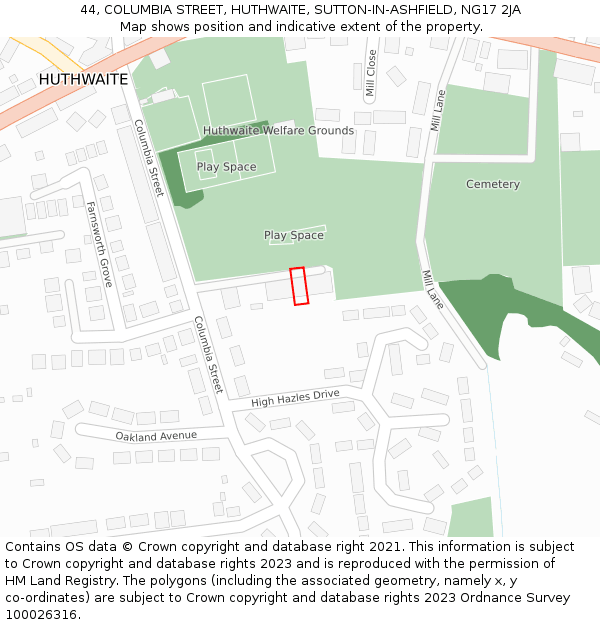 44, COLUMBIA STREET, HUTHWAITE, SUTTON-IN-ASHFIELD, NG17 2JA: Location map and indicative extent of plot