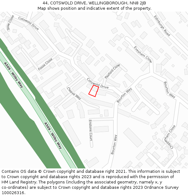 44, COTSWOLD DRIVE, WELLINGBOROUGH, NN8 2JB: Location map and indicative extent of plot