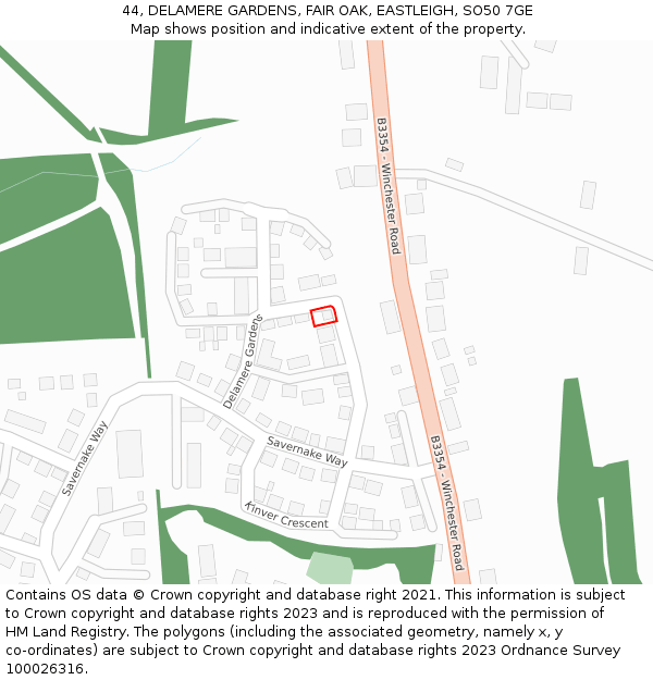 44, DELAMERE GARDENS, FAIR OAK, EASTLEIGH, SO50 7GE: Location map and indicative extent of plot
