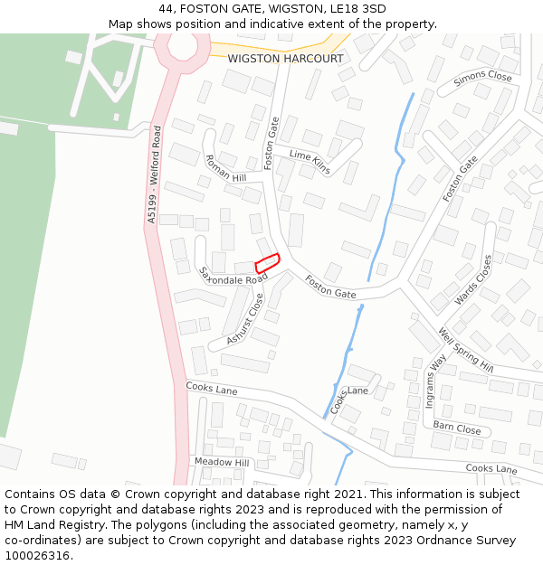 44, FOSTON GATE, WIGSTON, LE18 3SD: Location map and indicative extent of plot