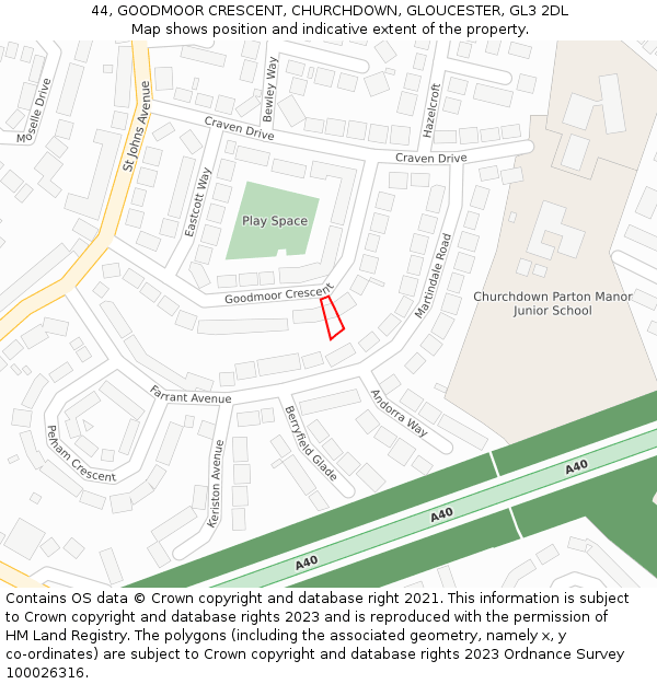 44, GOODMOOR CRESCENT, CHURCHDOWN, GLOUCESTER, GL3 2DL: Location map and indicative extent of plot