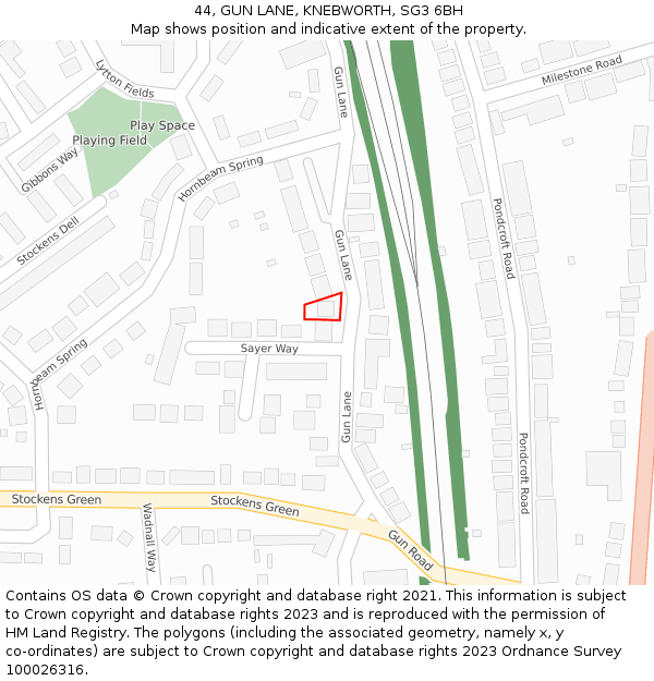 44, GUN LANE, KNEBWORTH, SG3 6BH: Location map and indicative extent of plot