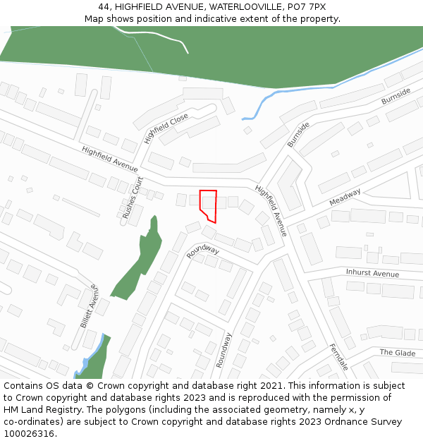 44, HIGHFIELD AVENUE, WATERLOOVILLE, PO7 7PX: Location map and indicative extent of plot