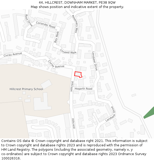 44, HILLCREST, DOWNHAM MARKET, PE38 9QW: Location map and indicative extent of plot