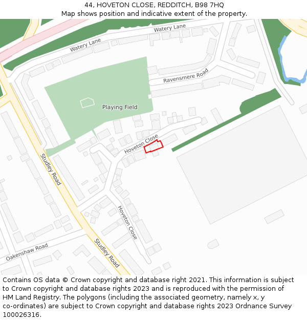 44, HOVETON CLOSE, REDDITCH, B98 7HQ: Location map and indicative extent of plot