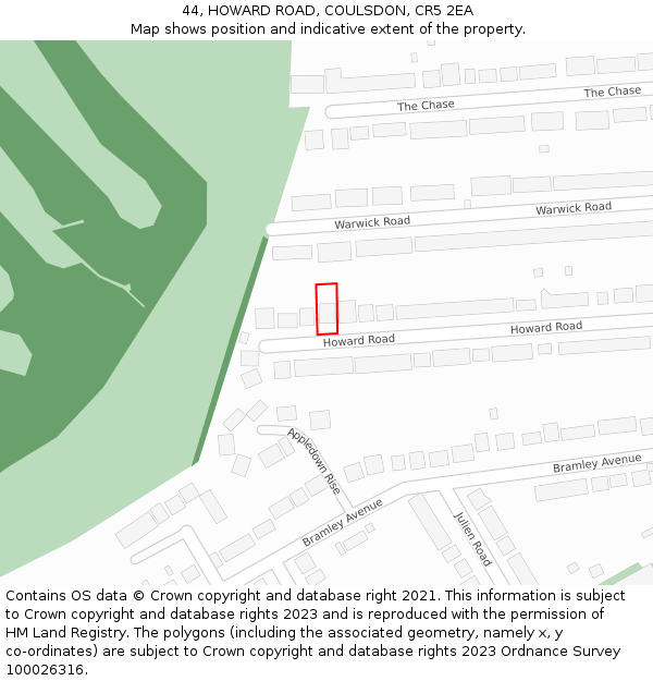 44, HOWARD ROAD, COULSDON, CR5 2EA: Location map and indicative extent of plot