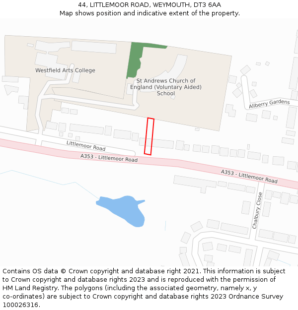 44, LITTLEMOOR ROAD, WEYMOUTH, DT3 6AA: Location map and indicative extent of plot