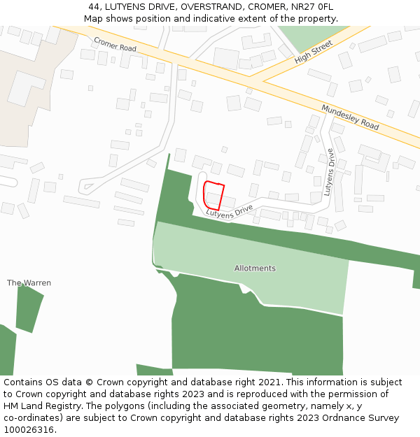 44, LUTYENS DRIVE, OVERSTRAND, CROMER, NR27 0FL: Location map and indicative extent of plot