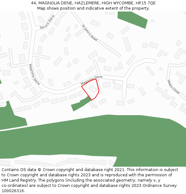 44, MAGNOLIA DENE, HAZLEMERE, HIGH WYCOMBE, HP15 7QE: Location map and indicative extent of plot