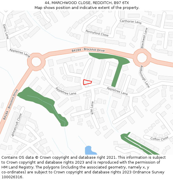 44, MARCHWOOD CLOSE, REDDITCH, B97 6TX: Location map and indicative extent of plot