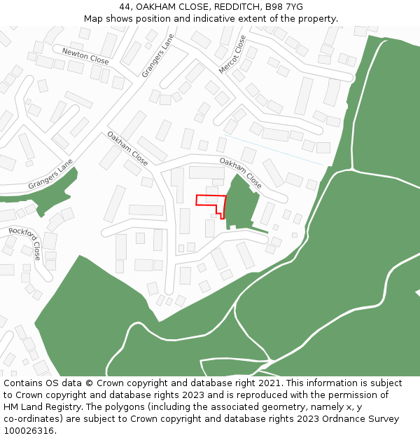 44, OAKHAM CLOSE, REDDITCH, B98 7YG: Location map and indicative extent of plot