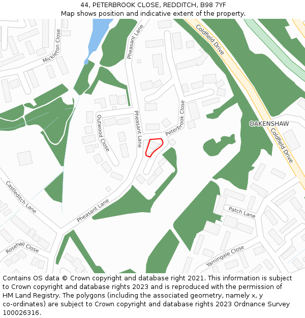 44, PETERBROOK CLOSE, REDDITCH, B98 7YF: Location map and indicative extent of plot