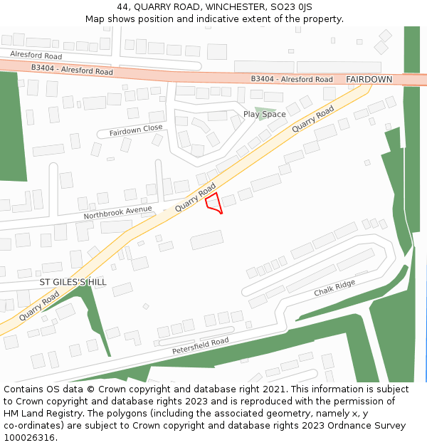 44, QUARRY ROAD, WINCHESTER, SO23 0JS: Location map and indicative extent of plot