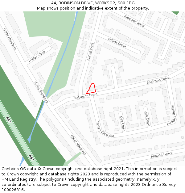 44, ROBINSON DRIVE, WORKSOP, S80 1BG: Location map and indicative extent of plot