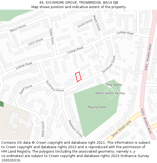 44, SYCAMORE GROVE, TROWBRIDGE, BA14 0JB: Location map and indicative extent of plot