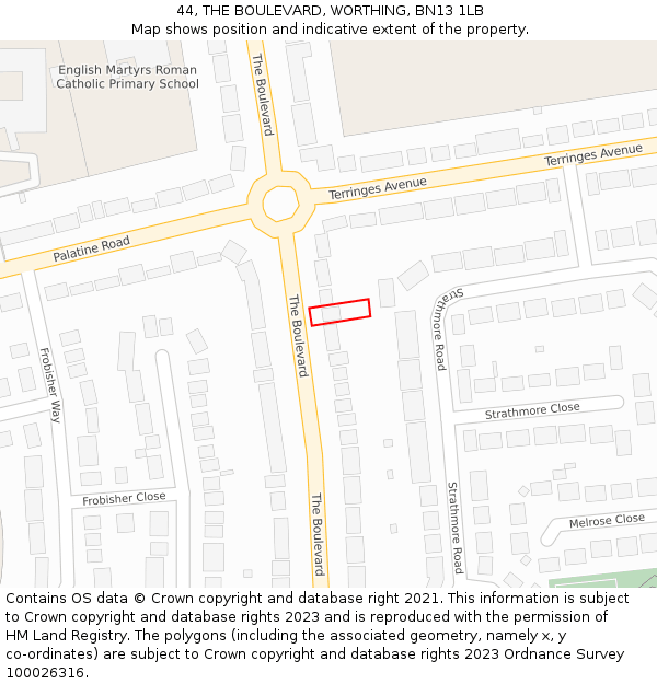 44, THE BOULEVARD, WORTHING, BN13 1LB: Location map and indicative extent of plot