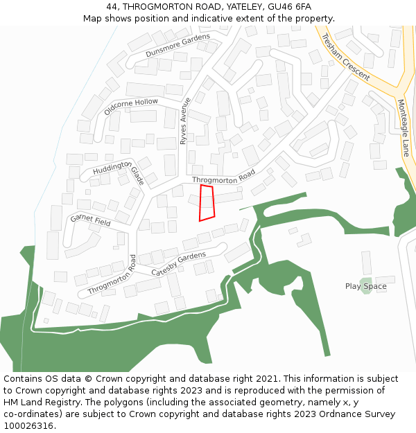 44, THROGMORTON ROAD, YATELEY, GU46 6FA: Location map and indicative extent of plot