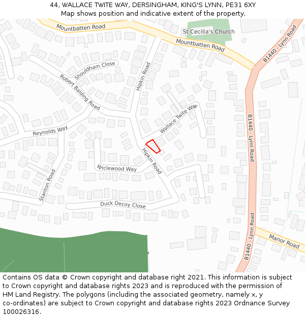 44, WALLACE TWITE WAY, DERSINGHAM, KING'S LYNN, PE31 6XY: Location map and indicative extent of plot