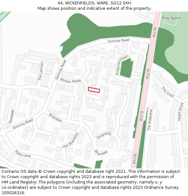 44, WICKENFIELDS, WARE, SG12 0XH: Location map and indicative extent of plot