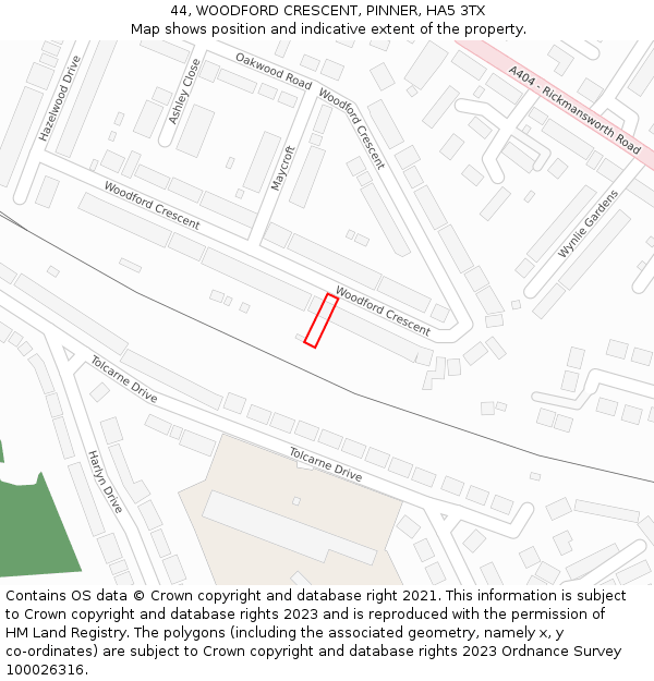 44, WOODFORD CRESCENT, PINNER, HA5 3TX: Location map and indicative extent of plot