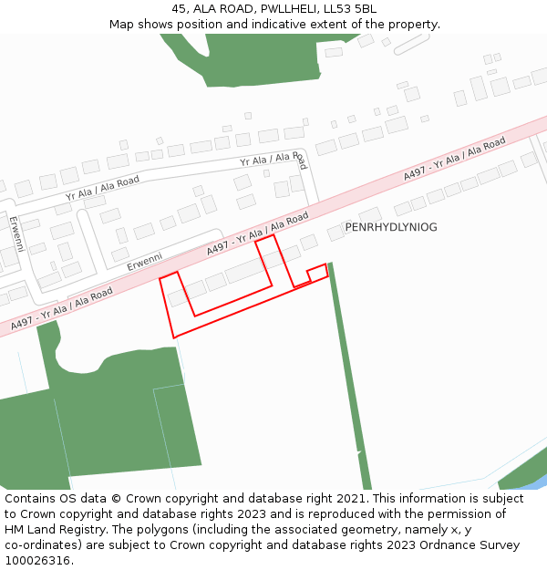 45, ALA ROAD, PWLLHELI, LL53 5BL: Location map and indicative extent of plot