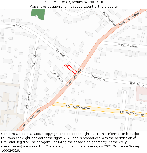 45, BLYTH ROAD, WORKSOP, S81 0HP: Location map and indicative extent of plot