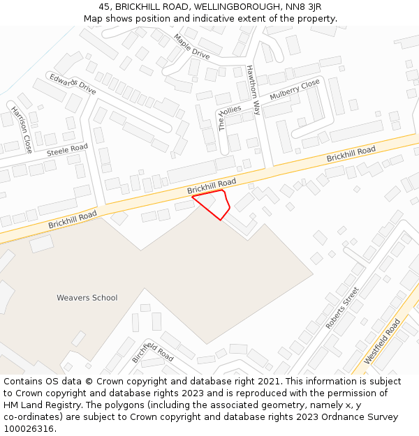 45, BRICKHILL ROAD, WELLINGBOROUGH, NN8 3JR: Location map and indicative extent of plot