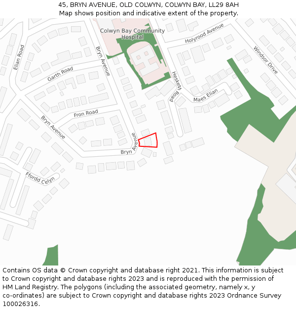 45, BRYN AVENUE, OLD COLWYN, COLWYN BAY, LL29 8AH: Location map and indicative extent of plot