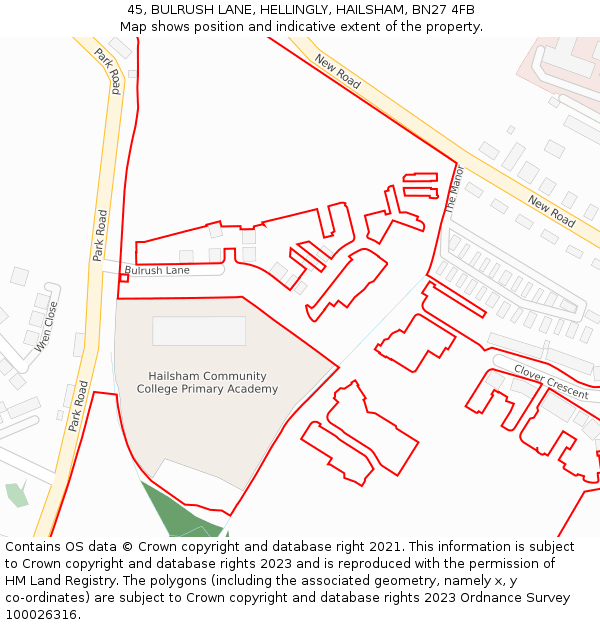 45, BULRUSH LANE, HELLINGLY, HAILSHAM, BN27 4FB: Location map and indicative extent of plot