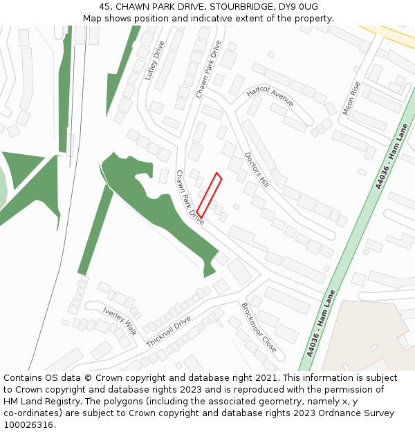 45, CHAWN PARK DRIVE, STOURBRIDGE, DY9 0UG: Location map and indicative extent of plot