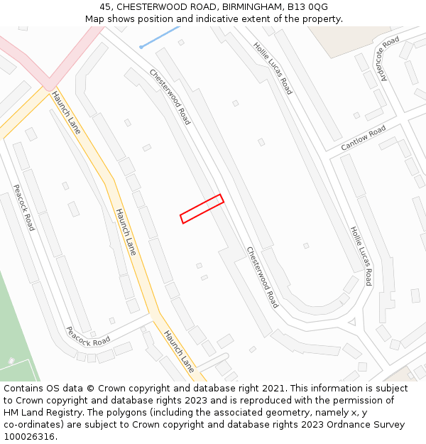 45, CHESTERWOOD ROAD, BIRMINGHAM, B13 0QG: Location map and indicative extent of plot