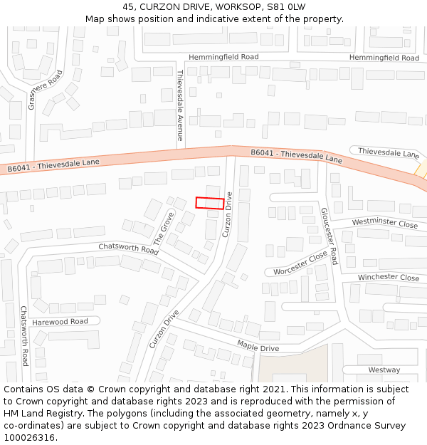 45, CURZON DRIVE, WORKSOP, S81 0LW: Location map and indicative extent of plot