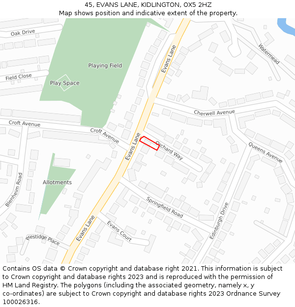 45, EVANS LANE, KIDLINGTON, OX5 2HZ: Location map and indicative extent of plot