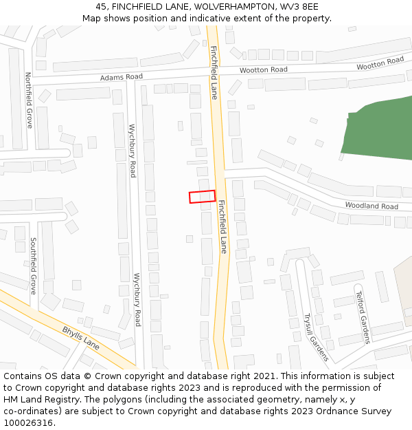 45, FINCHFIELD LANE, WOLVERHAMPTON, WV3 8EE: Location map and indicative extent of plot