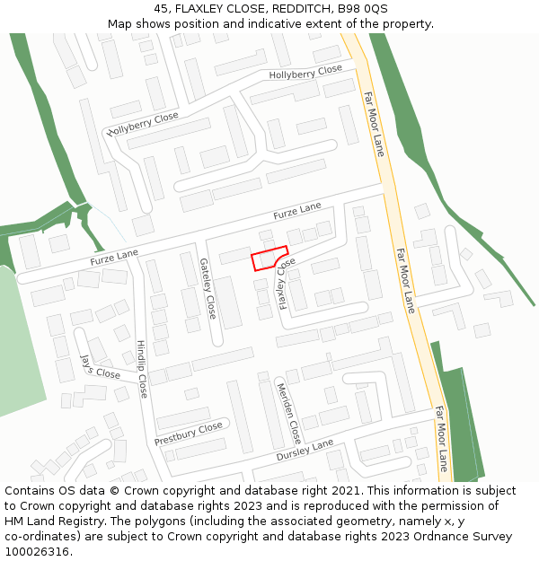 45, FLAXLEY CLOSE, REDDITCH, B98 0QS: Location map and indicative extent of plot