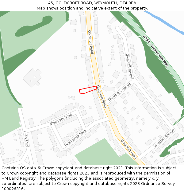45, GOLDCROFT ROAD, WEYMOUTH, DT4 0EA: Location map and indicative extent of plot