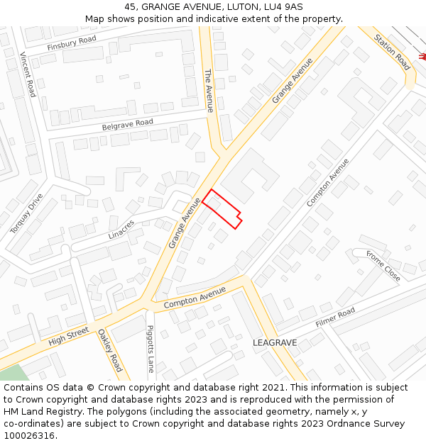 45, GRANGE AVENUE, LUTON, LU4 9AS: Location map and indicative extent of plot