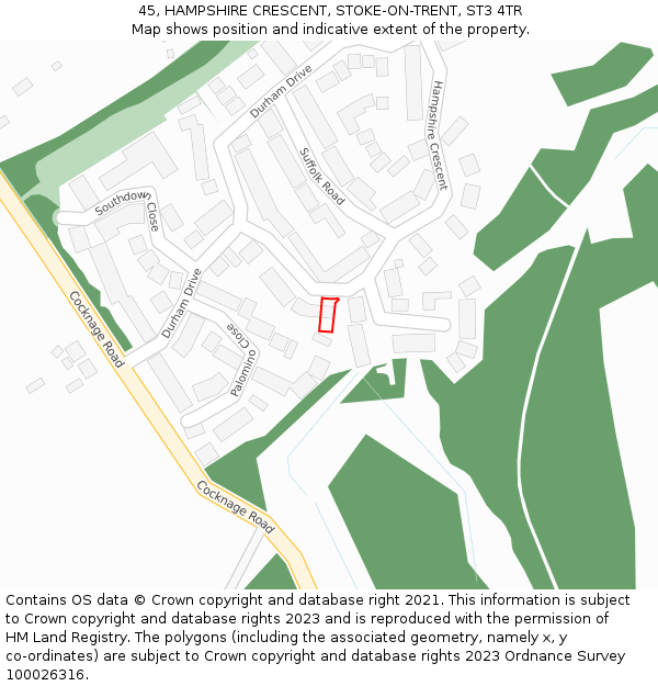 45, HAMPSHIRE CRESCENT, STOKE-ON-TRENT, ST3 4TR: Location map and indicative extent of plot