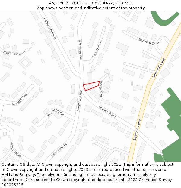 45, HARESTONE HILL, CATERHAM, CR3 6SG: Location map and indicative extent of plot