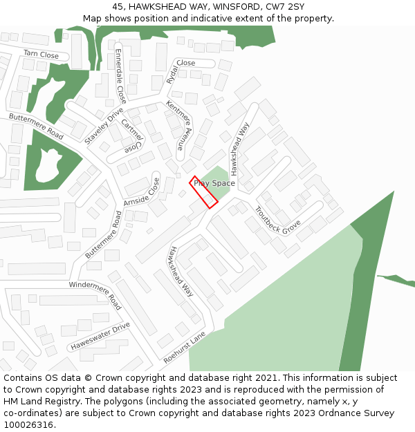 45, HAWKSHEAD WAY, WINSFORD, CW7 2SY: Location map and indicative extent of plot