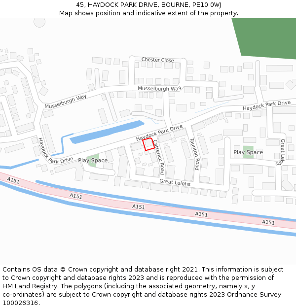 45, HAYDOCK PARK DRIVE, BOURNE, PE10 0WJ: Location map and indicative extent of plot