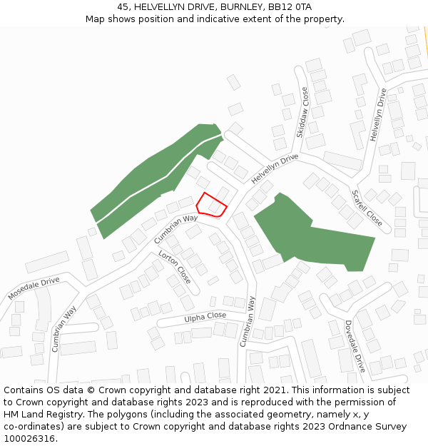 45, HELVELLYN DRIVE, BURNLEY, BB12 0TA: Location map and indicative extent of plot