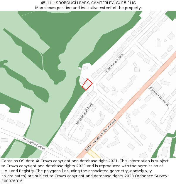 45, HILLSBOROUGH PARK, CAMBERLEY, GU15 1HG: Location map and indicative extent of plot