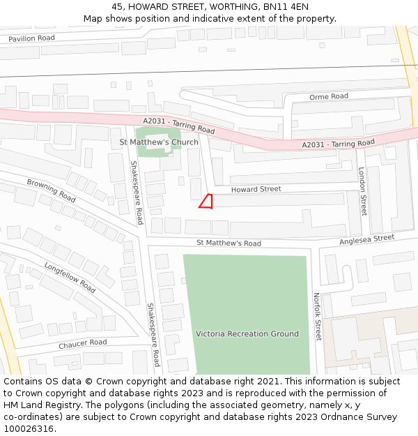 45, HOWARD STREET, WORTHING, BN11 4EN: Location map and indicative extent of plot